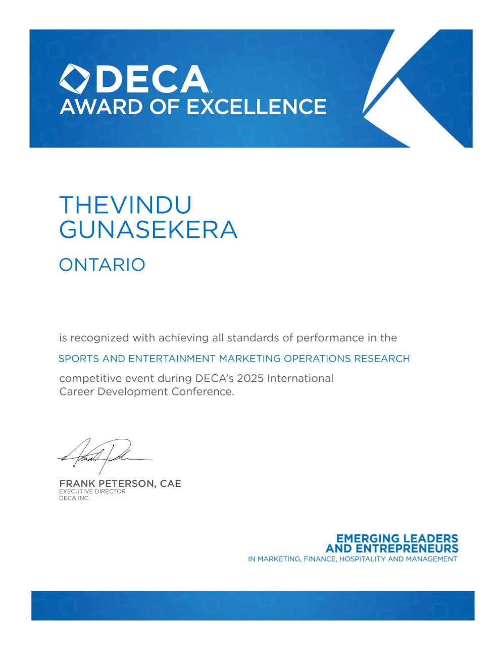 DECA Award of Excellence certificate, International Career Development Conference 2025